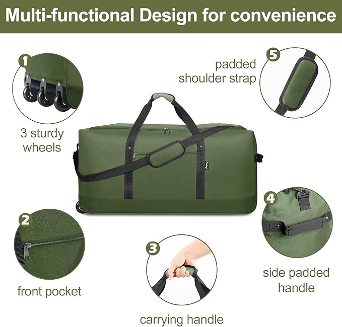 Finnhomy 120L Foldable Rolling Duffel Bag with 3 Wheels, Light Weight Travel Duffel bag with Large Loading Capacity, 32'' Rolling Duffel bag with Shoulder Strap