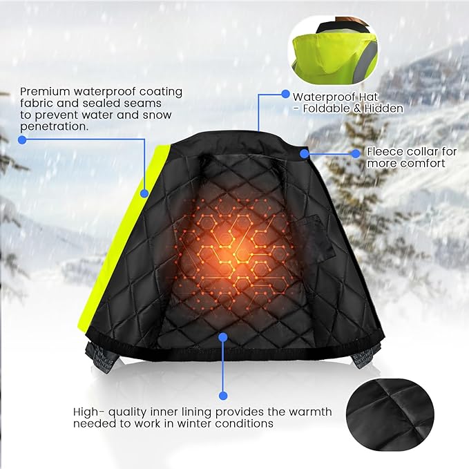High Visibility Safety Jackets, Construction Coats with Pockets for Men& Women, Rain Jacket for Winter Cold Weather, Waterproof High Vis Rain Coat, Class 3, Yellow-Black, 3XL