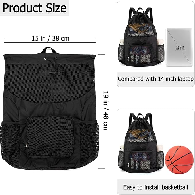 Swim Bag for Kids Mesh Beach Backpack for Boys Lightweight Drawstring Beach Bag Swimming Pool Sports Gym String Bag (Black)