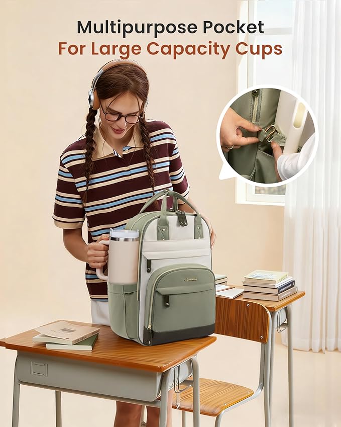 LOVEVOOK Laptop Backpack Women with Giant Cup Holder,15.6 inch Waterproof Work Travel Backpack Computer Laptop Bag,Cute College Nurse Teacher Backpack Purse,Gifts for Women & Men,Been green-Beige-Cyan