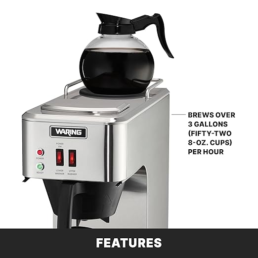 Waring WCM50 Café Deco Pour Over Decanter Coffee Brewer, Stainless Steel Construction, Two Individually Operated Warmers, No Plumbing Required, 120V, 5-15 Phase Plug,Silver