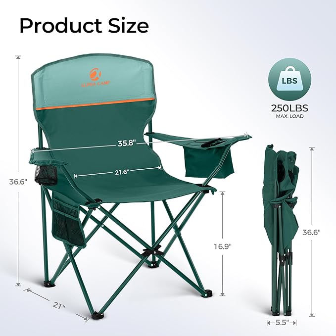 ALPHA CAMP Camping Chairs 250LBS Capacity, Heavy Duty Folding Chair with 4-Can Cooler Bag, Portable Outdoor Chair with Cup Holder for Adults, Collapsible for Tailgating, Beach, Fishing,Black,2PC