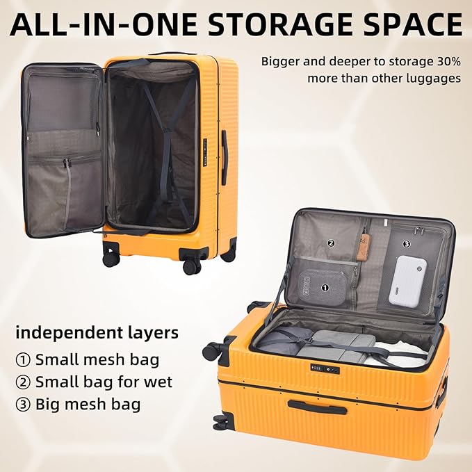 Kaleenie 2 pieces 20/29 Aluminum Frame Carry On and Checked Luggage Set with Side Opening, Lightweight Hardshell ABS+PC Trunk Suitcase with TSA Lock, 360° Universal Wheels & Adjustable Handle, Orange
