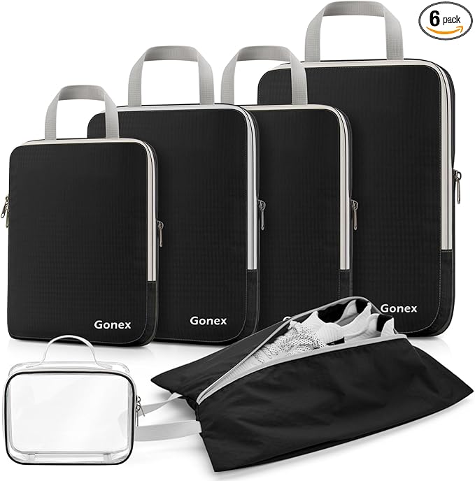 Gonex Compression Packing Cubes, 6pcs Expandable Storage Travel Luggage Bags Organizers with Shoe Bag, Clear Toiletry Bag (Black)