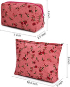 SOIDRAM 2 Pieces Rose Makeup Bag Large Cosmetic Bag Capacity Canvas Mix Travel Toiletry Bag Organizer Cute Makeup Brushes Aesthetic Accessories Storage Bag for Women, Rose Mix Green Red