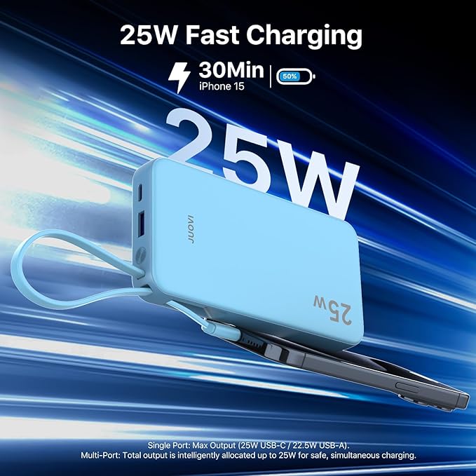 JUOVI 25W Portable Charger, 10000mah Power Bank Fast Charging with Built-in USB-C Cable, Battery Pack with LED Display, Portable Phone Charger for iPhone 17 16 15 14 Samsung S24 S23 iPad Tablets