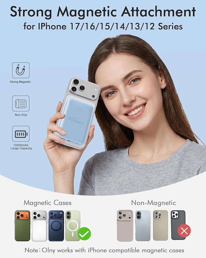 podoru for Magsafe Power Bank, 10000mAh Magnetic Portable Charger with 22.5W PD Fast Charging USB-C Cable LED Display Wireless Battery Pack for iPhone 17/16/15/14/13/12 Series-Light Blue