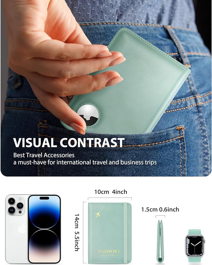 Stouchi Airtag Passport Holder – Track Your Passport, RFID Blocking Travel Wallet for Women, Slim All-in-One Organizer for Secure International Travel (Sky Blue)