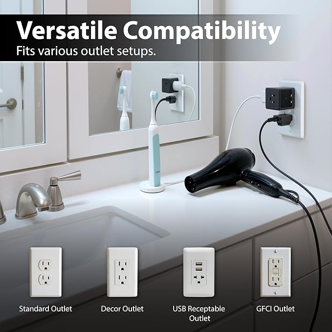 [ETL Listed] 3-Pack 3 Outlet Wall Adapter, Fosmon Black Outlet Splitter Plug Extender, Grounded 3-Prong /2 Prong Cube Tap 3-Way Plug Adapter, Cruise Essentials for Home Travel Office- Black