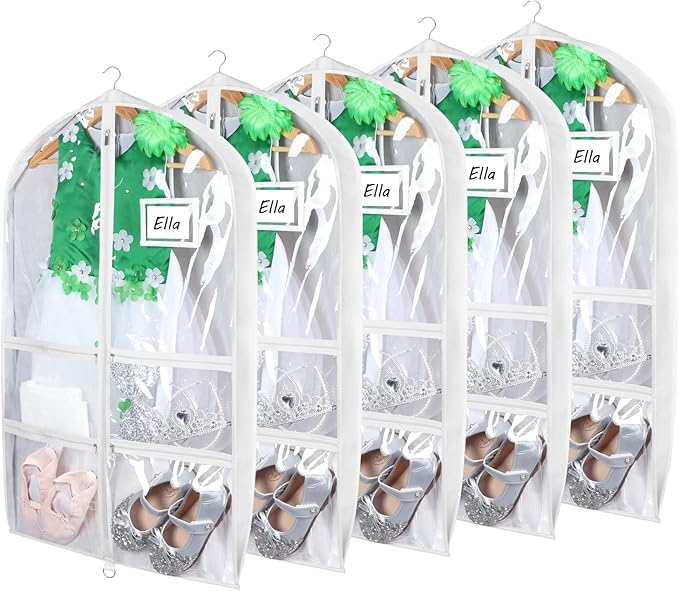 Syeeiex 3" Gusseted Dance Costume Garment Bag(5 Pack), 40'' Dance Garment Bags for Dancers with 4 Zipper Pockets & Can Hold 1-3 Dance Costumes - Suitable for Dance Competitions, Ballet(White)