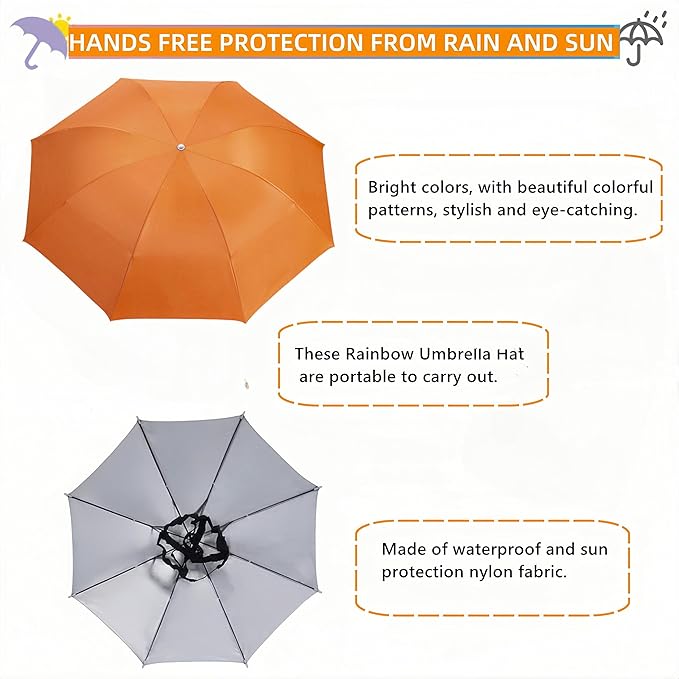 3 Pack Umbrella Hat, Sports Head Umbrella Hats for Adult Women, 26" Diameter Folding Waterproof Rainbow Fishing Headwear for Outdoor Party Beach Hiking