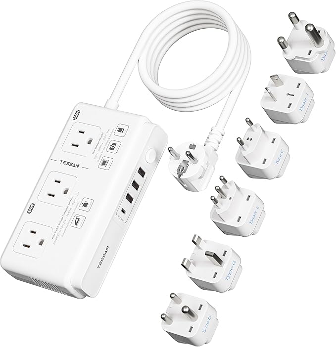 TESSAN Voltage Converter US to Europe 220 to 110, Universal Travel Adapter Voltage Converter with 4 USB Ports (1 USB C), 3 AC and EU UK AU IT in ZA Plug Power Adapter, Step Down Transformer, 6 FT
