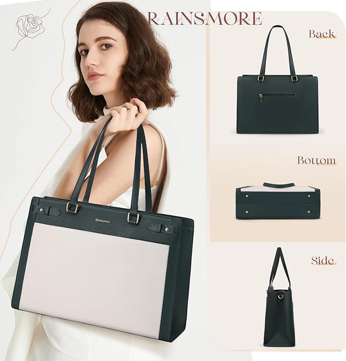 RAINSMORE Laptop Bag for Women 15.6 Inch PU Vegan Leather Work Tote Bag Waterproof Womens Briefcase Designer Computer Bag for Office Teacher College Travel Large Tote Purse Professional Purple & Beige