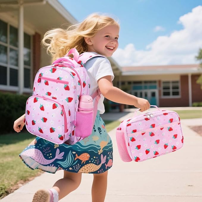 RHCPFOVR Kids Backpack for Girls - Girls Backpack 3-8 Ages Strawberry for Kids 15 Inch School Bookbag for Kindergarten Elementary School Bookbag for Girl 1st 2nd Grade