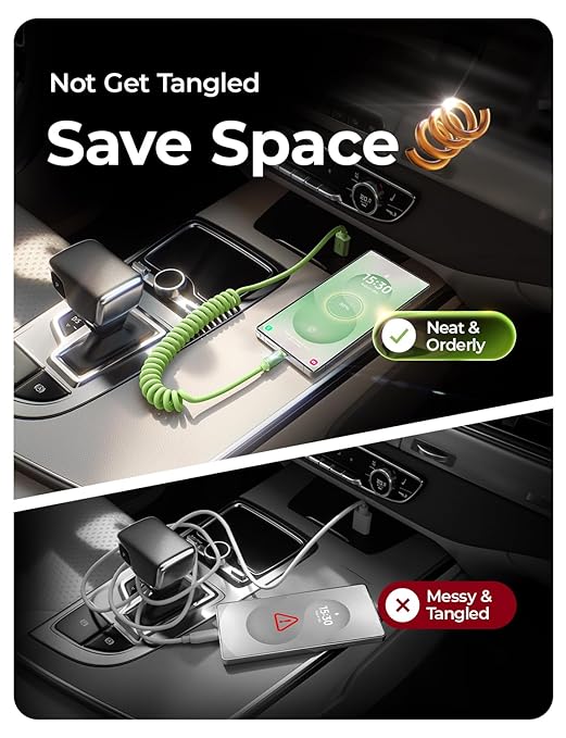 LISEN Coiled USB C Cable, 2 Pack for Android Auto & CarPlay Cable, Short USB A to USB C Cable Compatible with iPhone 17/16/15, Samsung Galaxy S25/S24/S23 A15/A14, Google Pixel 9/8, Green 4FT