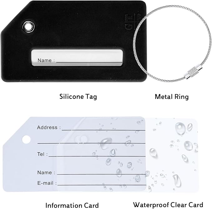 10 Pack Silicone Luggage Tag for Suitcases with Stainless Loop, TSA Approved, Privacy Protection Travel Essentials Bag Tags by Gostwo, Black