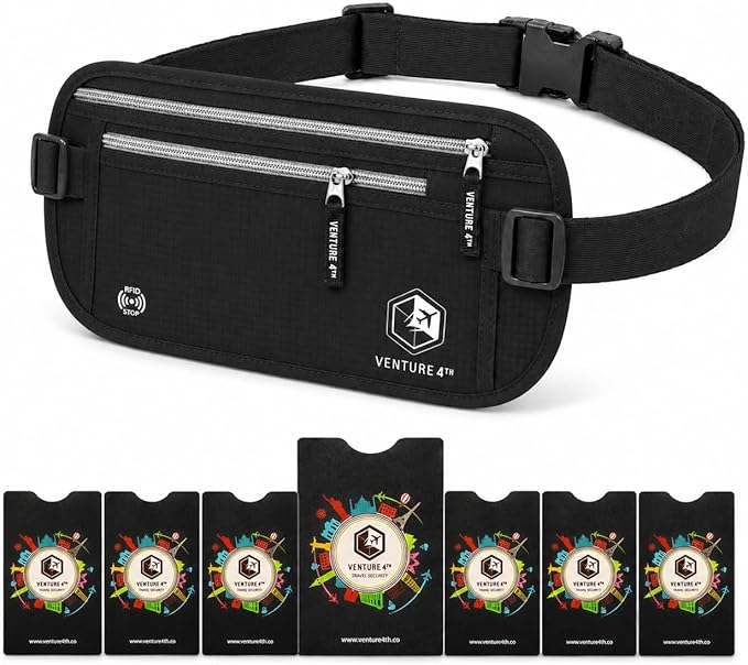 VENTURE 4TH RFID Money Belt for Travel with RFID Blocking Sleeves – Slim Hidden Travel Wallet & Passport Holder for Men & Women, Lightweight Anti-Theft Pouch to Protect Cash, Cards & Documents - Black