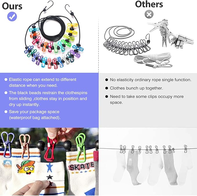 Travel Clothesline: 11.8Ft Portable Clothes Line with 24 Clothes Clips Corde a Linge Voyage Camper Essentials for Travel/Courtyard/Balcony/Hotel Rooms or Bathroom