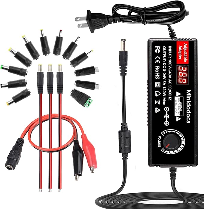120W Power Supply Adjustable DC 3V ~ 24V Variable Universal Switching AC/DC Adapter Minidodoca AC to DC Converter with LED Voltage Display and 16 Tips, for 3V to 24V Household Electronics - 5000mA Max