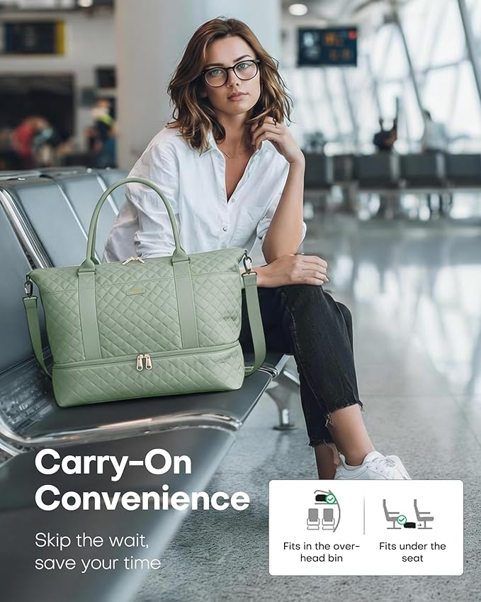 HOTOR Travel Duffel Bag - Weekender Bags for Women, Gym Tote Bags with Shoe Compartment, Carry On Overnight Bag with Toiletry Bag for Travel Essentials and Travel Accessories, Green, 13.4"×17.3"×7.9"