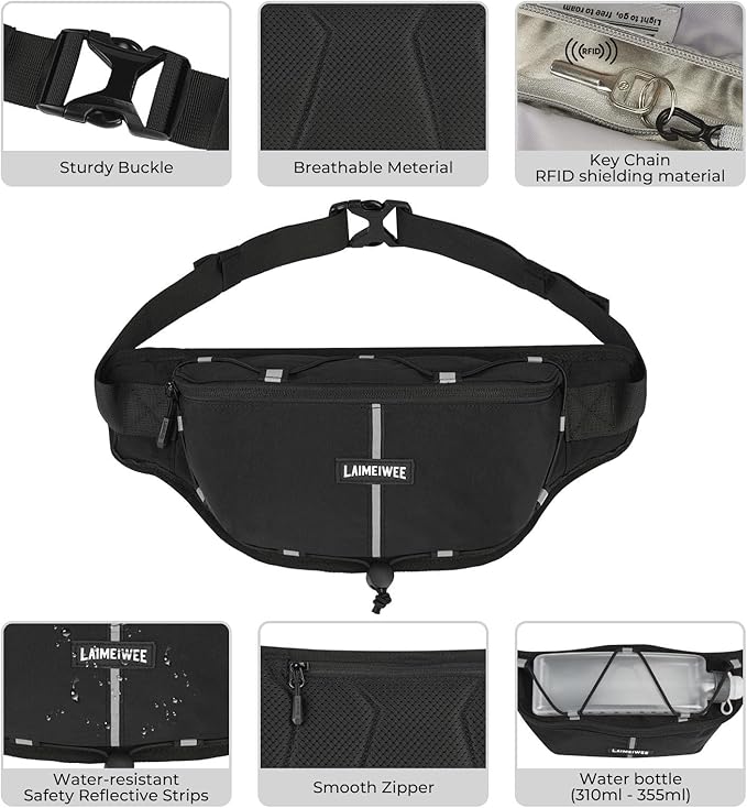 Fanny Pack for Women Men, Water-Resistant Travel Waist Pack with RFID Blocking, Wide Opening Crossbody Belt Bag for Phone, Passport, Small Hip Pack for Running, Hiking, Workout（Black）