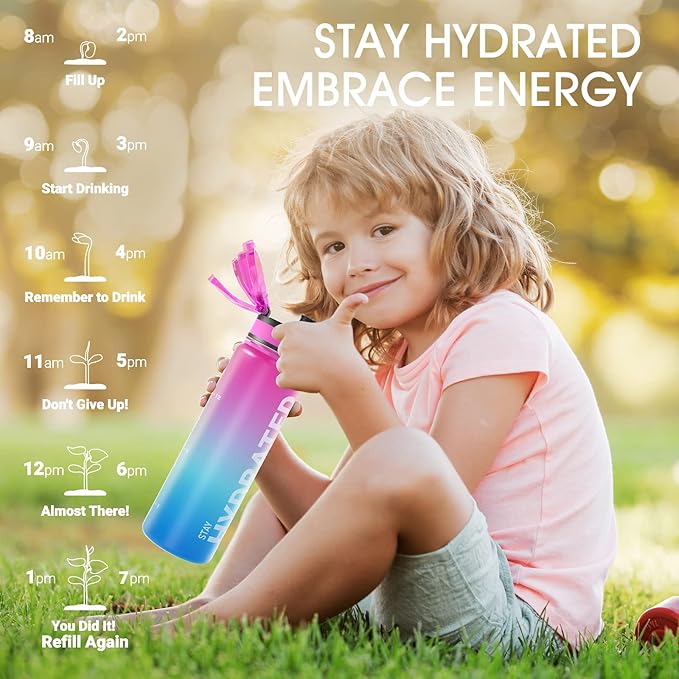 Sahara Sailor Water Bottle, 32/25/17oz Durable and Leakproof Water Bottles Motivational with Time Marker, Tritan, BPA Free, Wide Mouth with Easy Clean Brush for Gym, Travel, School, Office (1 Bottle)