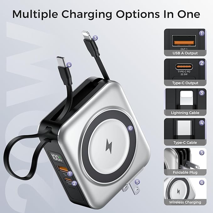 6-in-1 Magnetic Wireless Portable Charger 10000mAh – 22.5W Fast Charging with AC Wall Plug Built-in USB-C & Lightning Cables for iPhone 17/16/15/14/13/12, Android & Samsung(Silver)