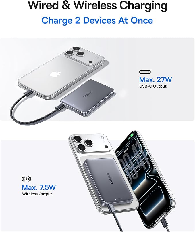 Baseus Picogo 0.5" Ultra Slim 10000mAh 27W Fast Charging Magnetic Battery Pack Bundle with 20000mAh Compact Portable Charger 45W, CCC Certified Power Bank Built-in USB-C Cables