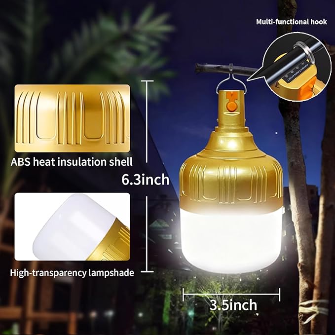 2 Pack Rechargeable LED Camping Lantern, 4000mAh IPX4 Waterproof Tent Light with Hook, USB Flashlight for Hiking, Travel, Hurricane Power Outage Emergency, Home Garage Repair, BBQ Lighting