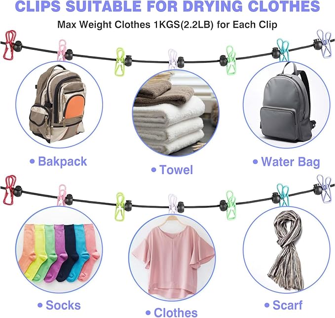 Travel Clothesline: 11.8Ft Portable Clothes Line with 24 Clothes Clips Corde a Linge Voyage Camper Essentials for Travel/Courtyard/Balcony/Hotel Rooms or Bathroom