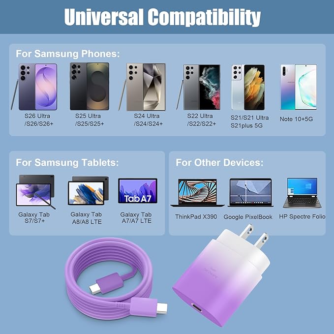 25W Super Fast Charging Cord Type C Block &10Ft USB C Android Phone Charger Cable for Samsung Galaxy S26 Ultra/S26/S26+/S25 Ultra/S25/24 Ultra/S24/S23 Ultra/S22 Ultra//Note 20/10,Purple Gradient