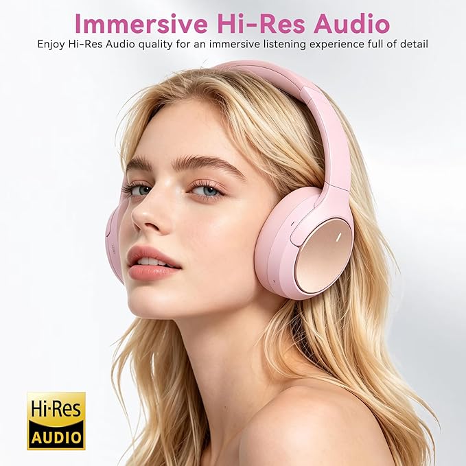 Hybrid ANC Wireless Over-Ear Headphones, 100H Playtime, Hi-Res Audio, Bluetooth 6.0, Multi-Mode Noise Cancellation, Comfort Fit, iOS & Android Compatible, Foldable Design, Travel-Friendly (Pink)