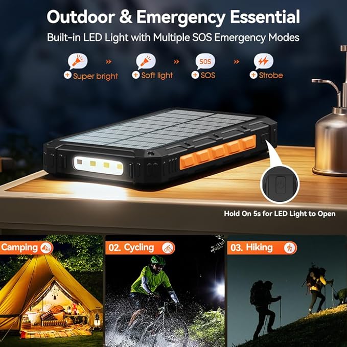 Solar-Charger-Power-Bank - 20000mah Solar Powered Battery Charger Cell Phone,20W Fast Charging Built in Cables,Camping Essentials Portable External Battery Pack Compatible with Multiple Devices