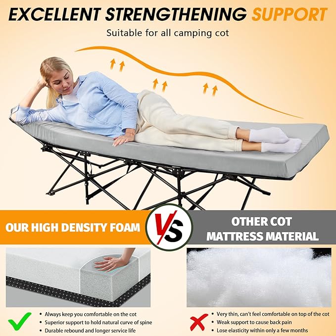 CYMULA Camping Cot Mattress 2in Memory Foam Sleeping Pad,Soft Warm Non-Slip Camping Mattress Topper with Retaining for Adults,Portable Roll up Pad for Travel（only Mattress）