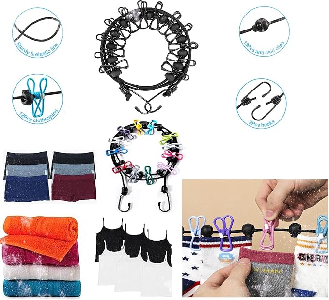 Clothes line 2 PCS,Travel Accessories Clothes line with 12 Clothes Clips, Retractable Portable Clothesline for Travel for Indoor Laundry Drying line,Hotel, Cruise,Outdoor Camping Essentials