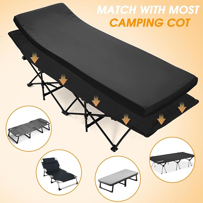 CYMULA Camping Cot Mattress 2in Memory Foam Sleeping Pad,Soft Warm Non-Slip Camping Mattress Topper with Retaining for Adults,Portable Roll up Pad for Travel（only Mattress）