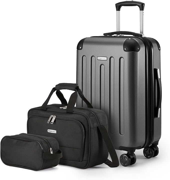 Amazon Basics 3-Piece Luggage Set with Spinner Wheels, Including 22" Expandable Hardside Carry-On Suitcase, 15-inch Tote Bag, and 10-inch Compact Travel Bag, Black