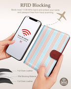 Slohif Passport Wallet Holder Cover for Travel - Women Men RFID Blocking Passport Book Case Protector, Blue Cute Stripe Leather Personalized Organizer Slim Carrier Boarding Pass Cards Slots