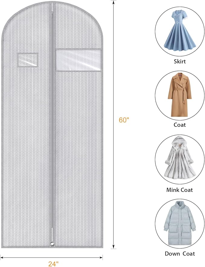 Syeeiex 60'' Dress Bags for Gowns, Set of 4 Garment Bag for Hanging Clothes, Dress Garment Bag, Dustproof and Keep Closet Tidy, Perfect for Suit Evening Dresses Fur Coat Long Dress Gown(Grey Arrow)