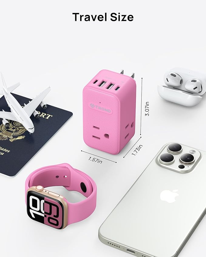 TROND Outlet Extender with USB C, 3 AC Outlet Splitter with 360 Rotation, Multiple Wall Plug with PD 20W Port, Cute Pink Plug Extension for Home Decoration, Travel Cruise Essentials