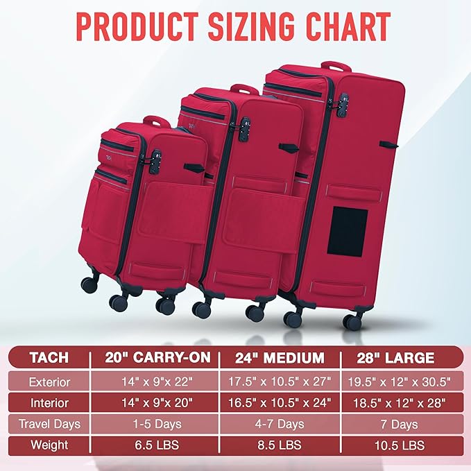 TACH LITE Samba Softside 3 Piece Luggage Set 22/24/28 Inch | Connectable Suitcases with Spinner Wheels | Lightweight Travel Suitcase with Wheels Carry On & Checked Bags | Soft Sided Luggage Set (Red)