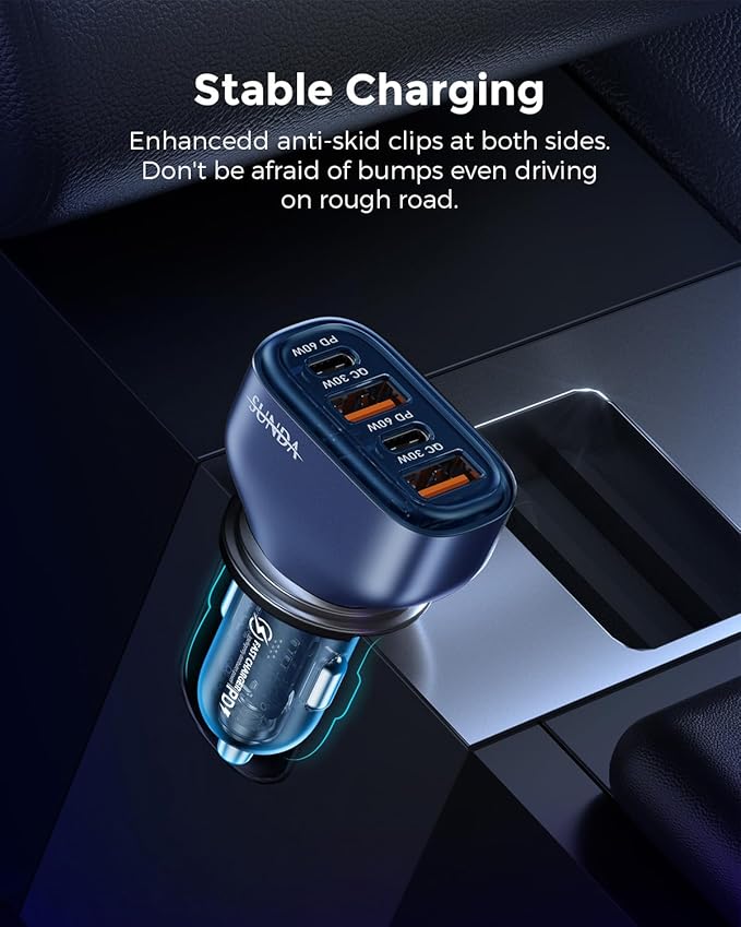 SUNDA 120W USB C Fast Car Charger, 4-Ports Car Charger Adapter, Dual Type C PD60W/PPS60W Compatible with iPhone17/16Pro/Max/iPhone15/Galaxy/SamsungS25, Dual USB-A 18W QC3.0 for Android(Blue)