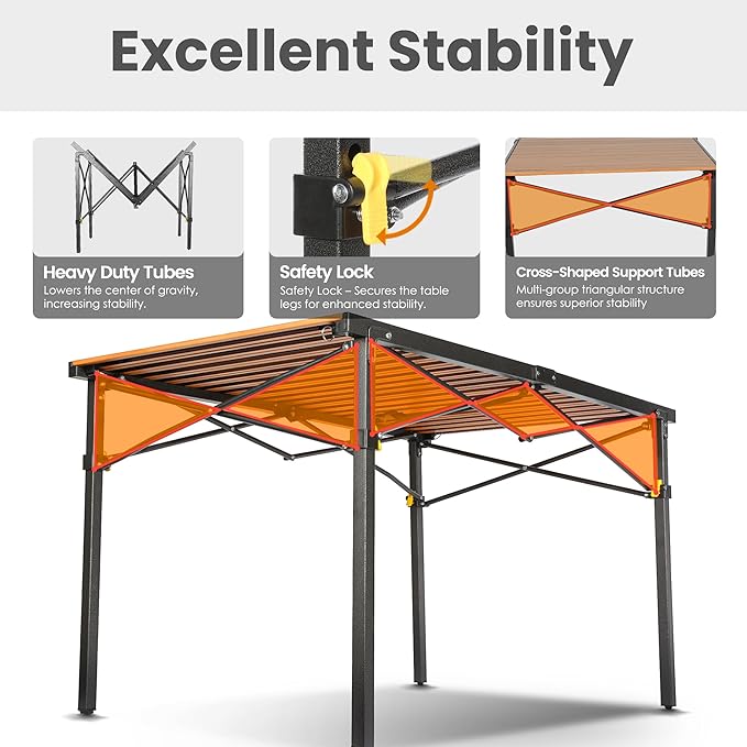 Join Nature 46.4" Large Camping Table for 2-6 People - Heavy Duty Camp Table Foldable with Aluminum Roll-Up Top & Carry Bag - 220lbs Capacity, Portable for BBQ, Tailgating, Backyard (Natural)