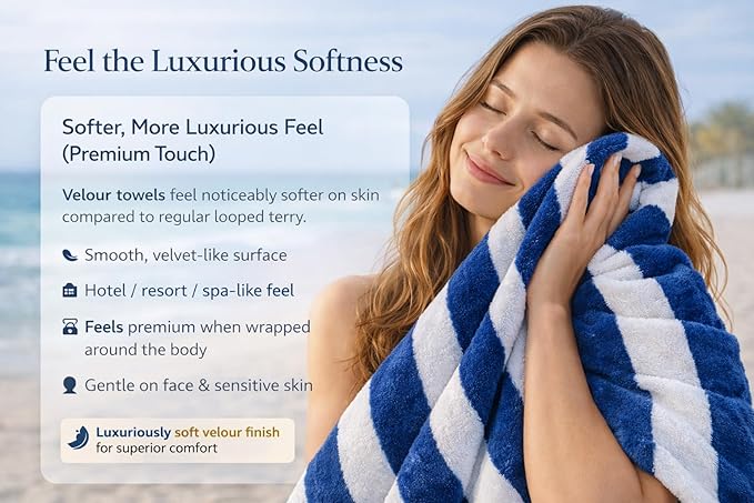 Velour Cabana Beach Towel 4 Pack, 30” x 60” Soft Plush Cotton Pool Towel, Absorbent Quick Dry Travel Towel for Beach, Pool, Spa (Classic Navy)