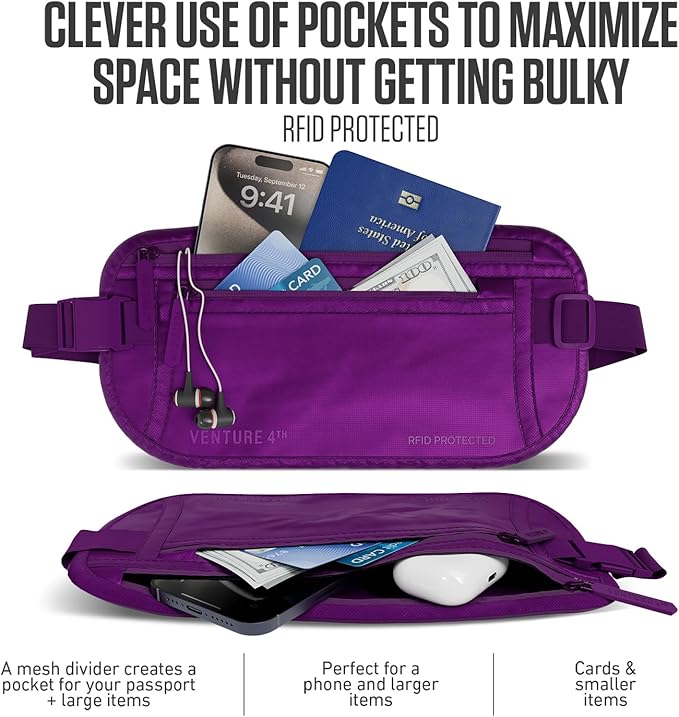 VENTURE 4TH Money Belt for Travel – Slim Hidden Under-Clothes RFID Blocking Anti-Theft Passport Holder & Travel Wallet Pouch for Men & Women to Protect Cash, Cards & Documents (Sleek Purple)