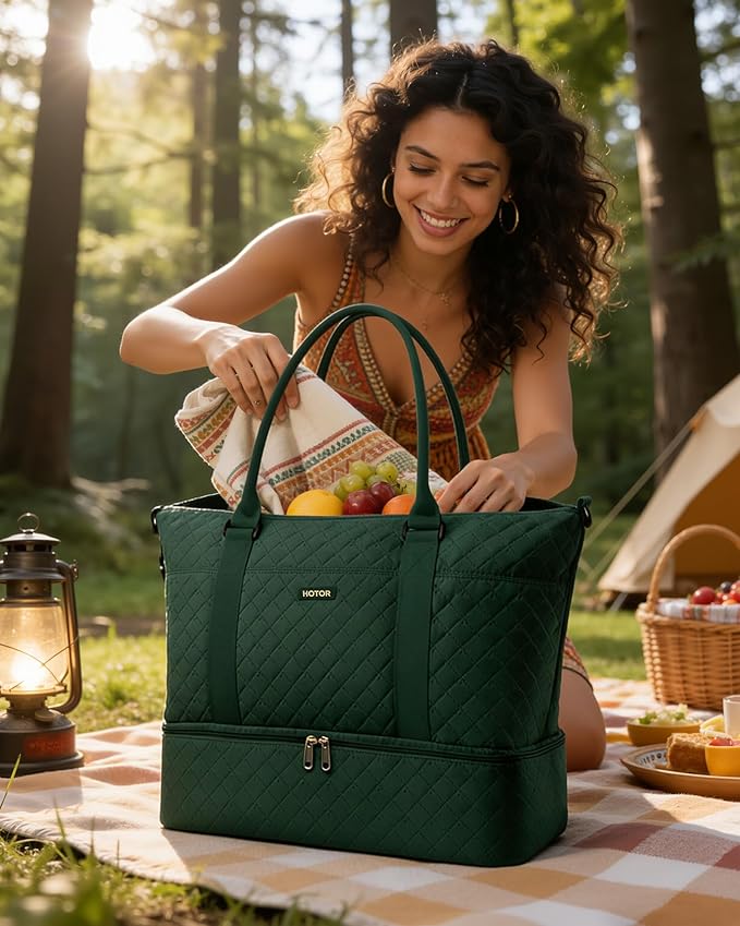 HOTOR Travel Duffel Bag - Weekender Bags for Women, Gym Tote Bags with Shoe Compartment, Carry On Overnight Bag with Toiletry Bag for Travel Essentials Travel Accessories, Dark Green, 13.4"×17.3"×7.9"