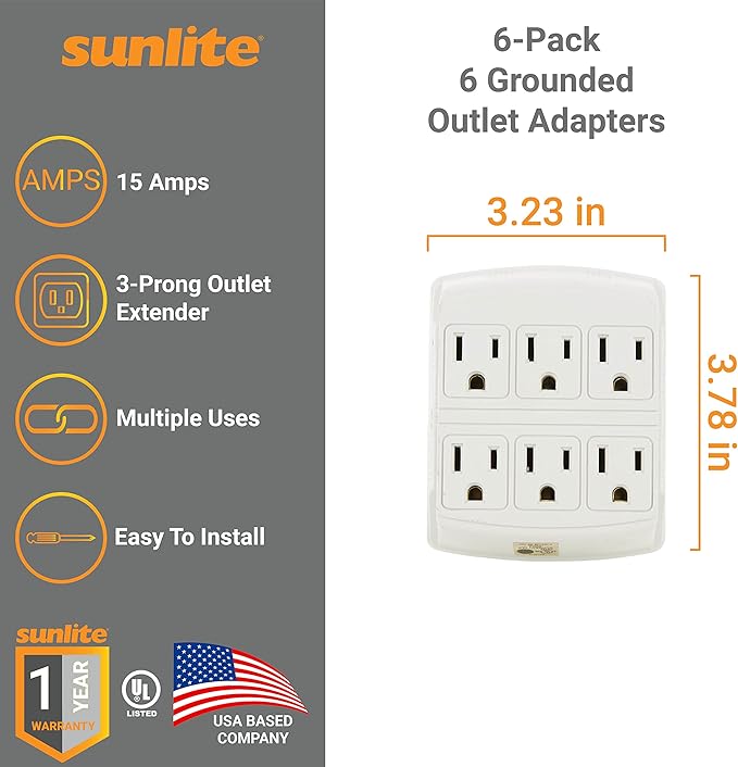 Sunlite 40854 6 Grounded Outlet Adapter, Wall Mountable, 3 Prong Outlet Extender Power Strip, Home and Office, UL Listed, Ivory 6 Pack