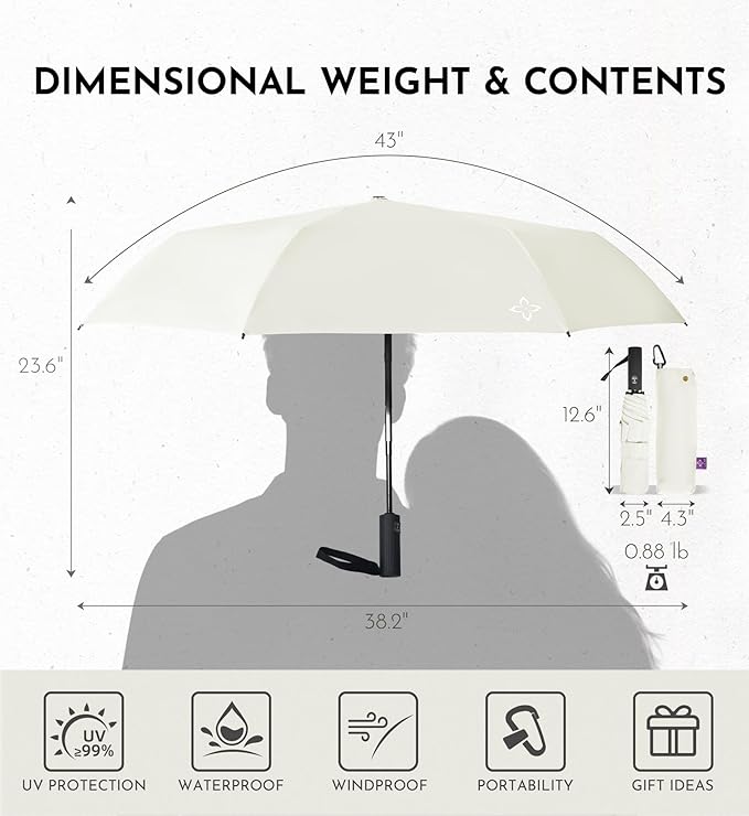 Travel Umbrella for Rain - Windproof Compact Folding Umbrella with 43" Canopy - Auto Open Close Portable Parasol - UPF 100+ Sun Protection