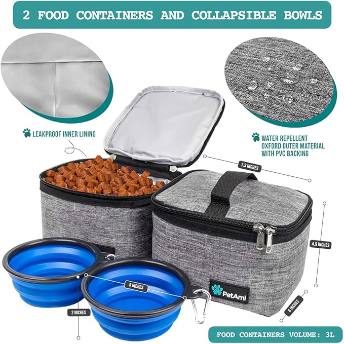PetAmi Dog Travel Bag, Travel Pet Bag Organizer, Dog Food Travel Bag with Container Collapsible Bowls, Pet Travel Supplies Gift Accessories for Weekend Camping, Puppy Cat Diaper Bag, Gray Medium