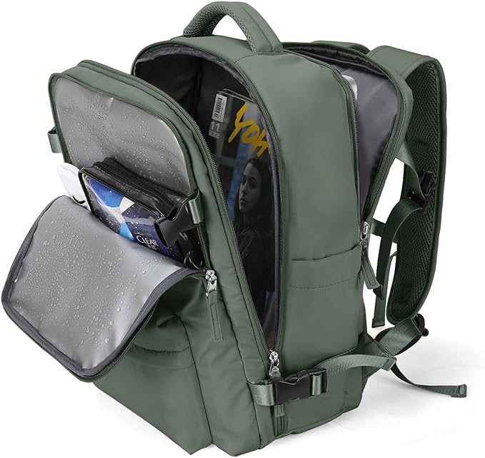WONHOX Large Travel Backpack Women, Carry On Backpack,Hiking Backpack Waterproof Outdoor Sports Rucksack Casual Daypack with USB Charging Port Shoes Compartment, Dark Green